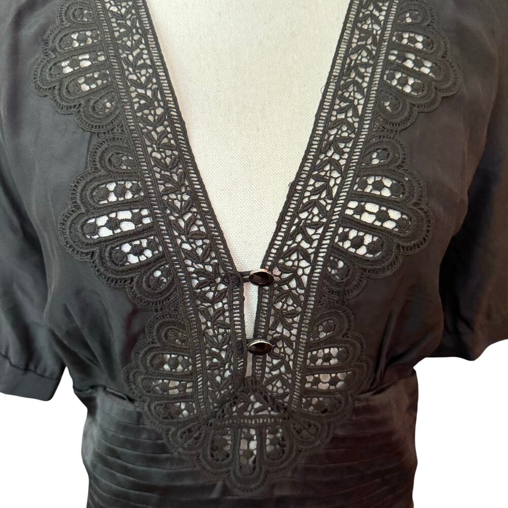 Thurley silk black sheath shirt dress lace trim short sleeve women’s size 10 - Picture 7 of 13